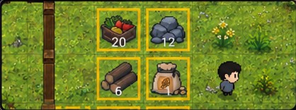 Gameplay com recursos, itens armazenados e um colono