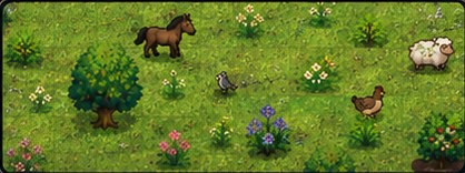Gameplay em campo aberto com animais e vegetação da colônia